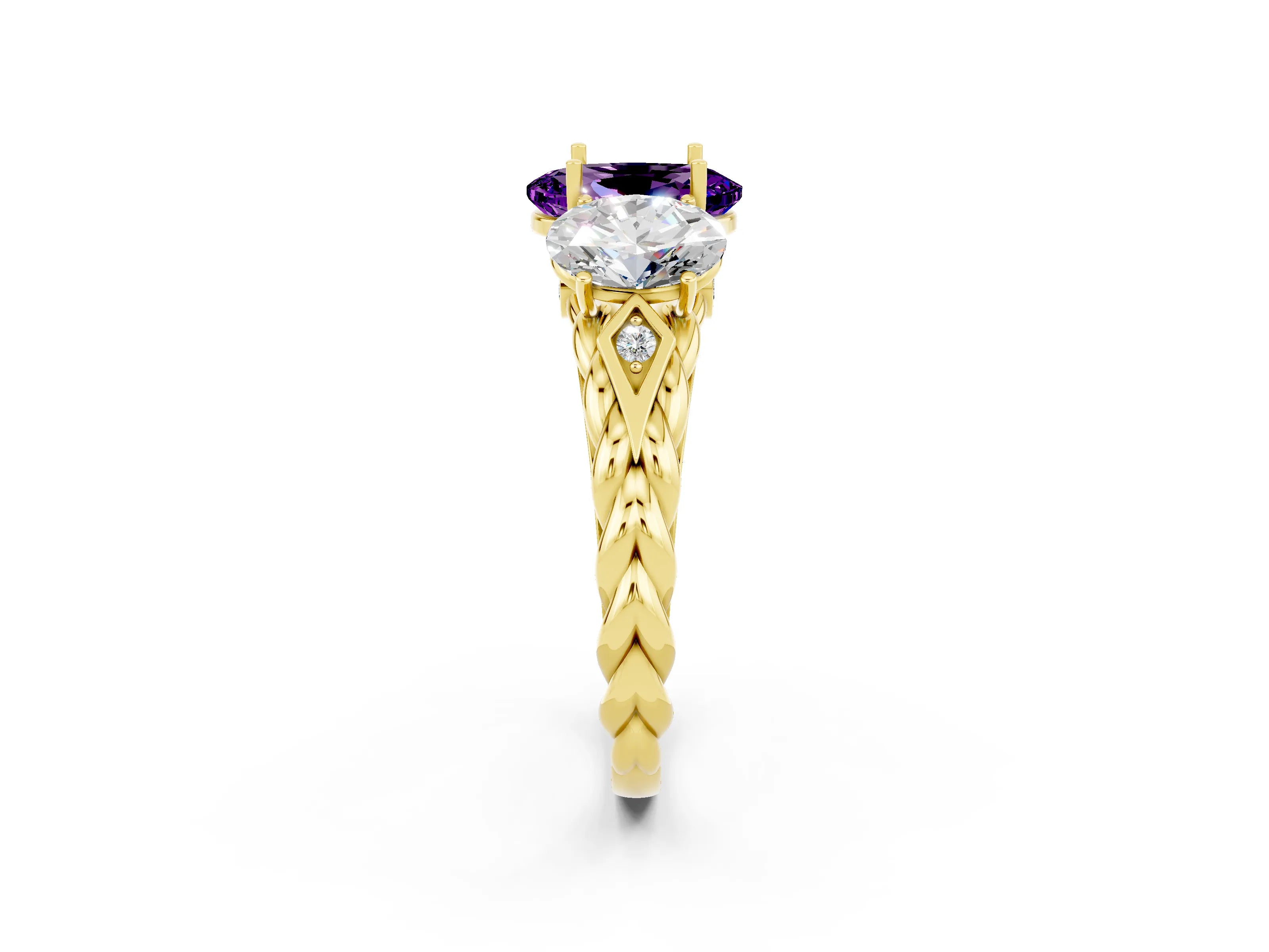 Yellow gold Three-Stone Oval Cut Amethyst Braided Band Ring with Four-Prong Setting_14