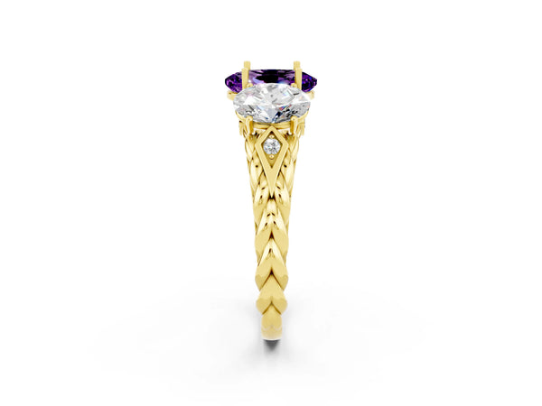 Yellow gold Three-Stone Oval Cut Amethyst Braided Band Ring with Four-Prong Setting