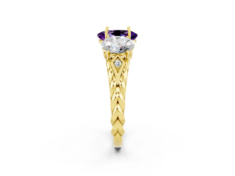 Yellow gold Three-Stone Oval Cut Amethyst Braided Band Ring with Four-Prong Setting_14