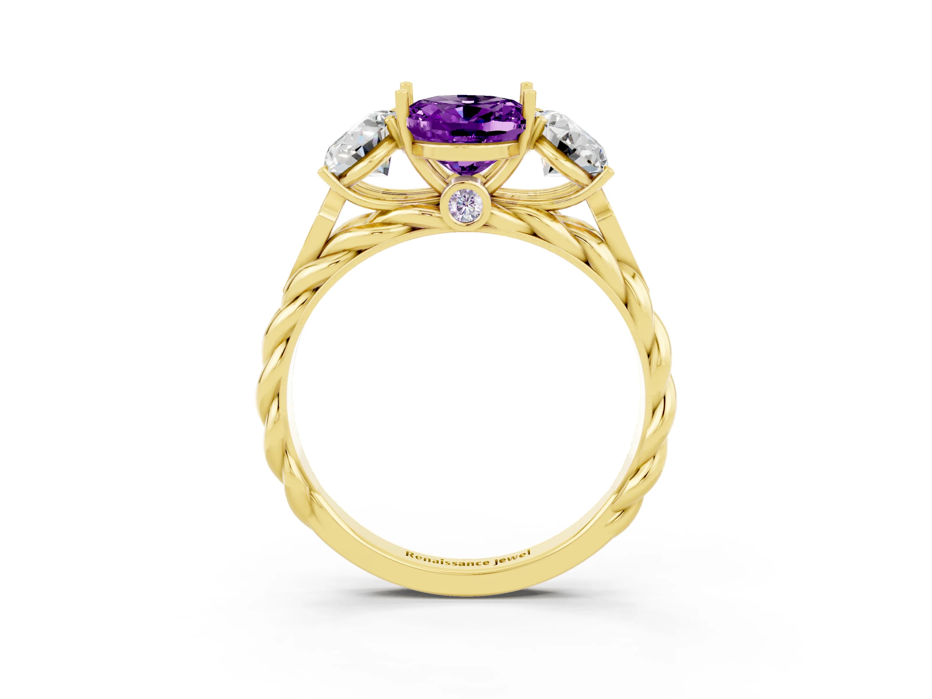 Yellow gold Three-Stone Oval Cut Amethyst Braided Band Ring with Four-Prong Setting_15