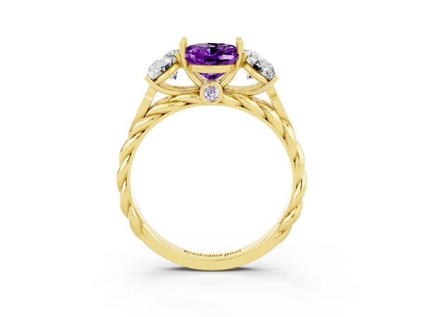 Yellow gold Three-Stone Oval Cut Amethyst Braided Band Ring with Four-Prong Setting