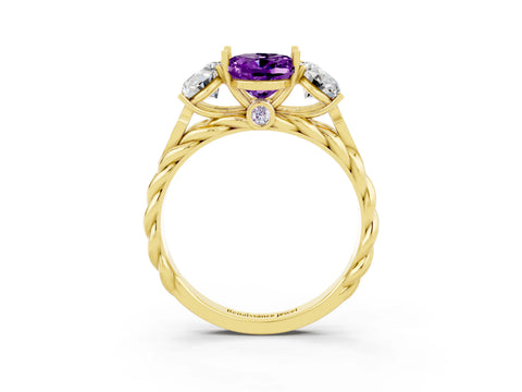 Yellow gold Three-Stone Oval Cut Amethyst Braided Band Ring with Four-Prong Setting_15