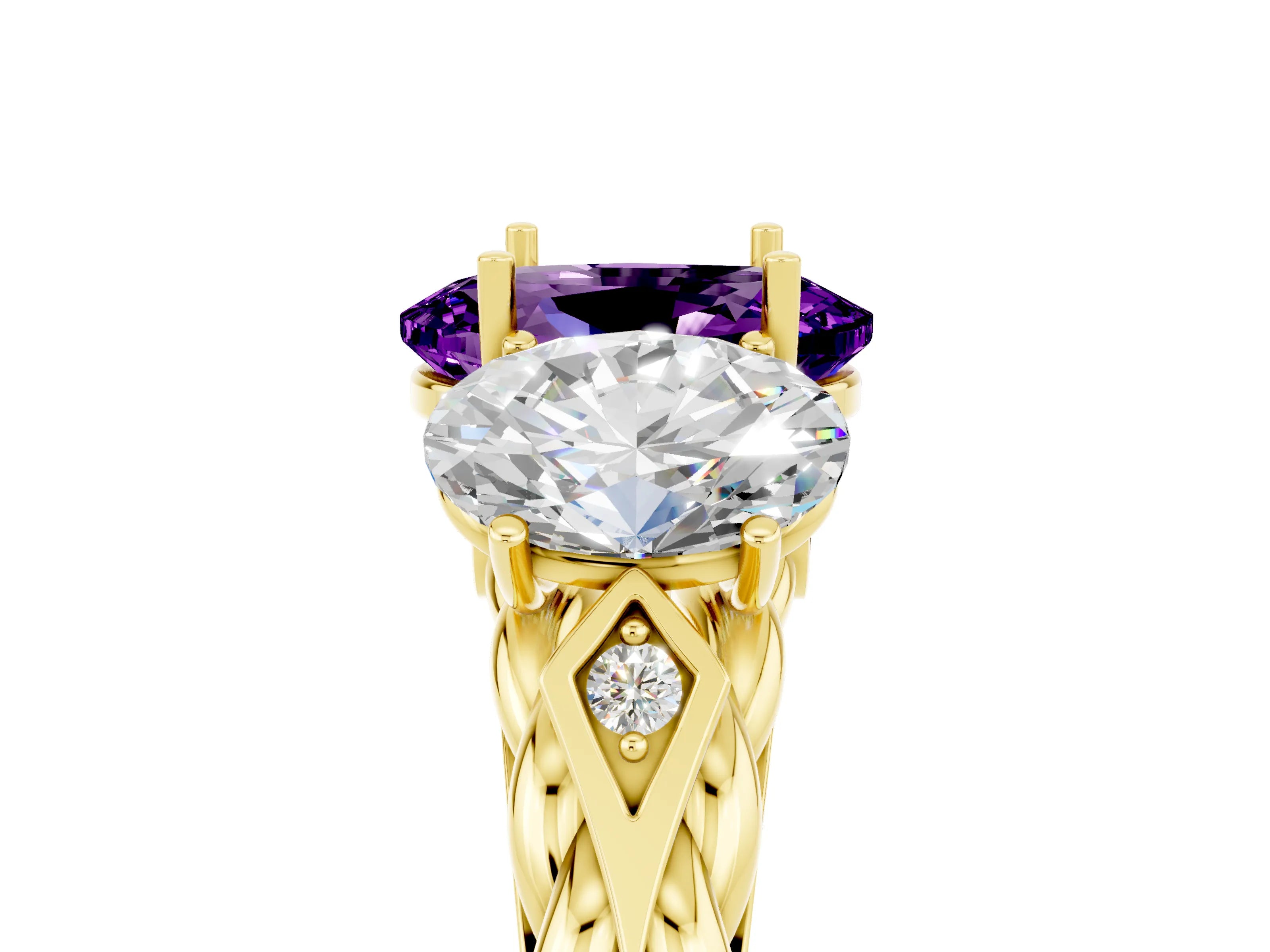 Yellow gold Three-Stone Oval Cut Amethyst Braided Band Ring with Four-Prong Setting_17