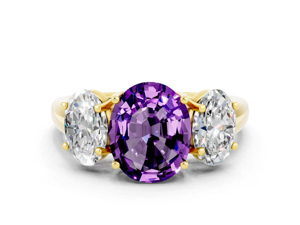 Yellow gold Three-Stone Oval Cut Amethyst Engagement Ring with Prong Setting