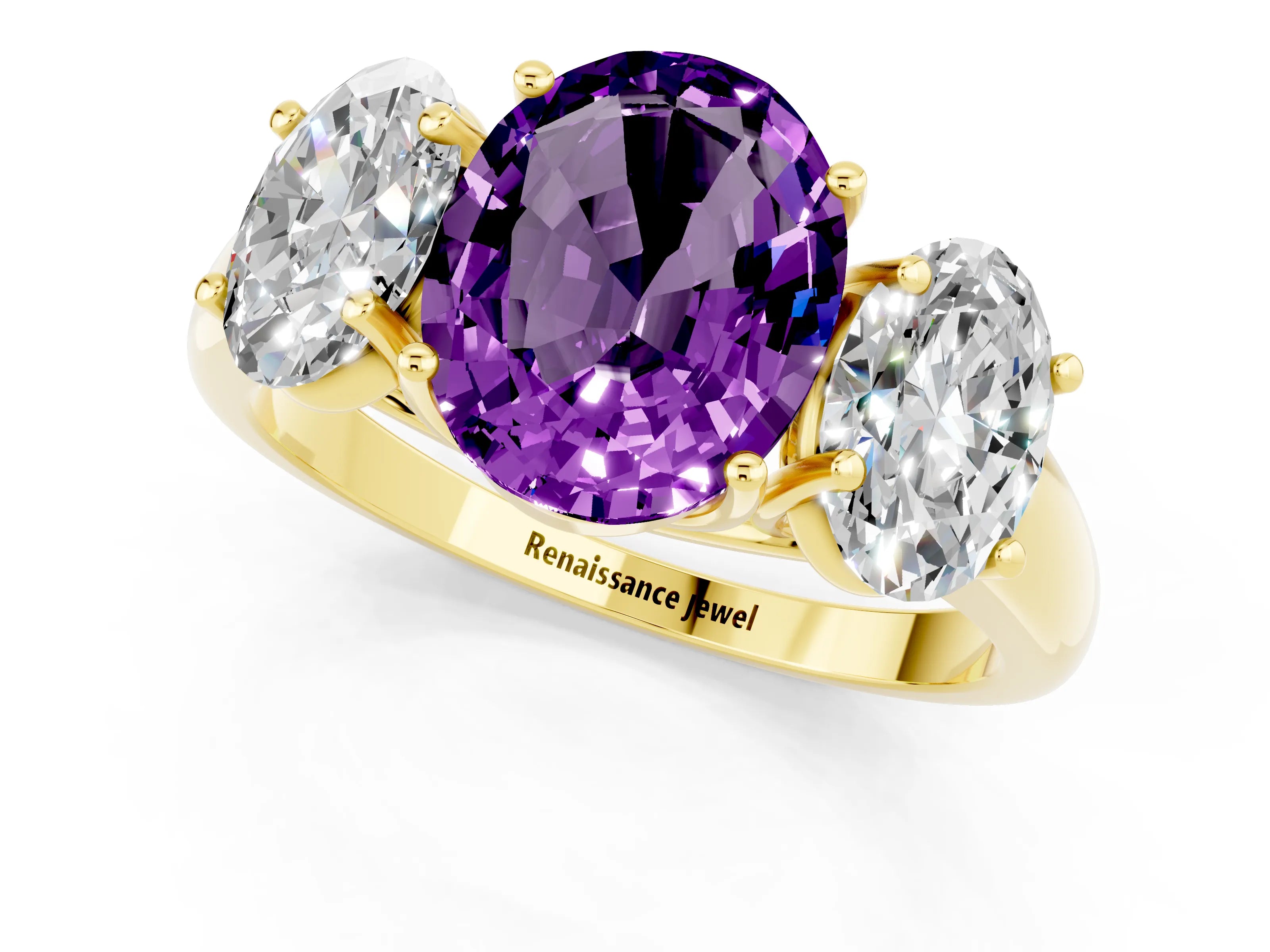 Yellow gold Three-Stone Oval Cut Amethyst Engagement Ring with Prong Setting_1