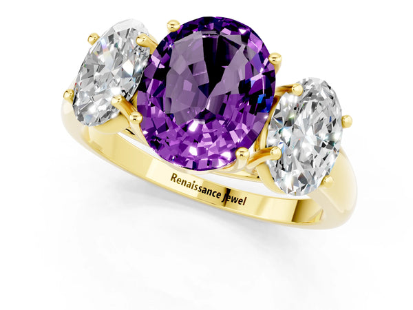Yellow gold Three-Stone Oval Cut Amethyst Engagement Ring with Prong Setting
