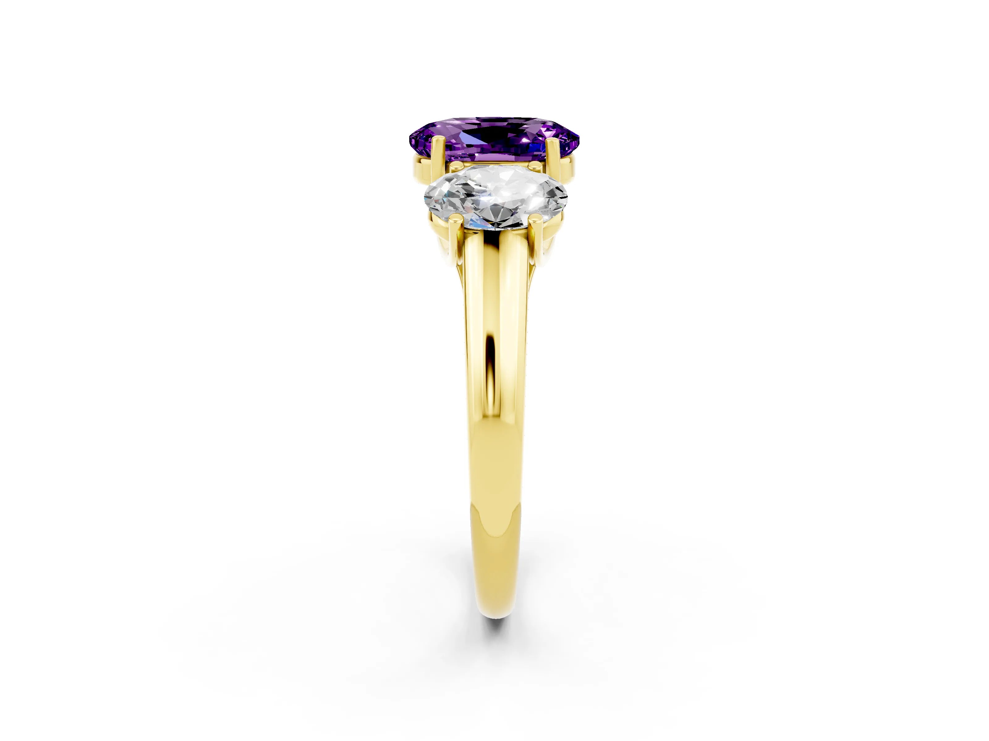 Yellow gold Three-Stone Oval Cut Amethyst Engagement Ring with Prong Setting_2