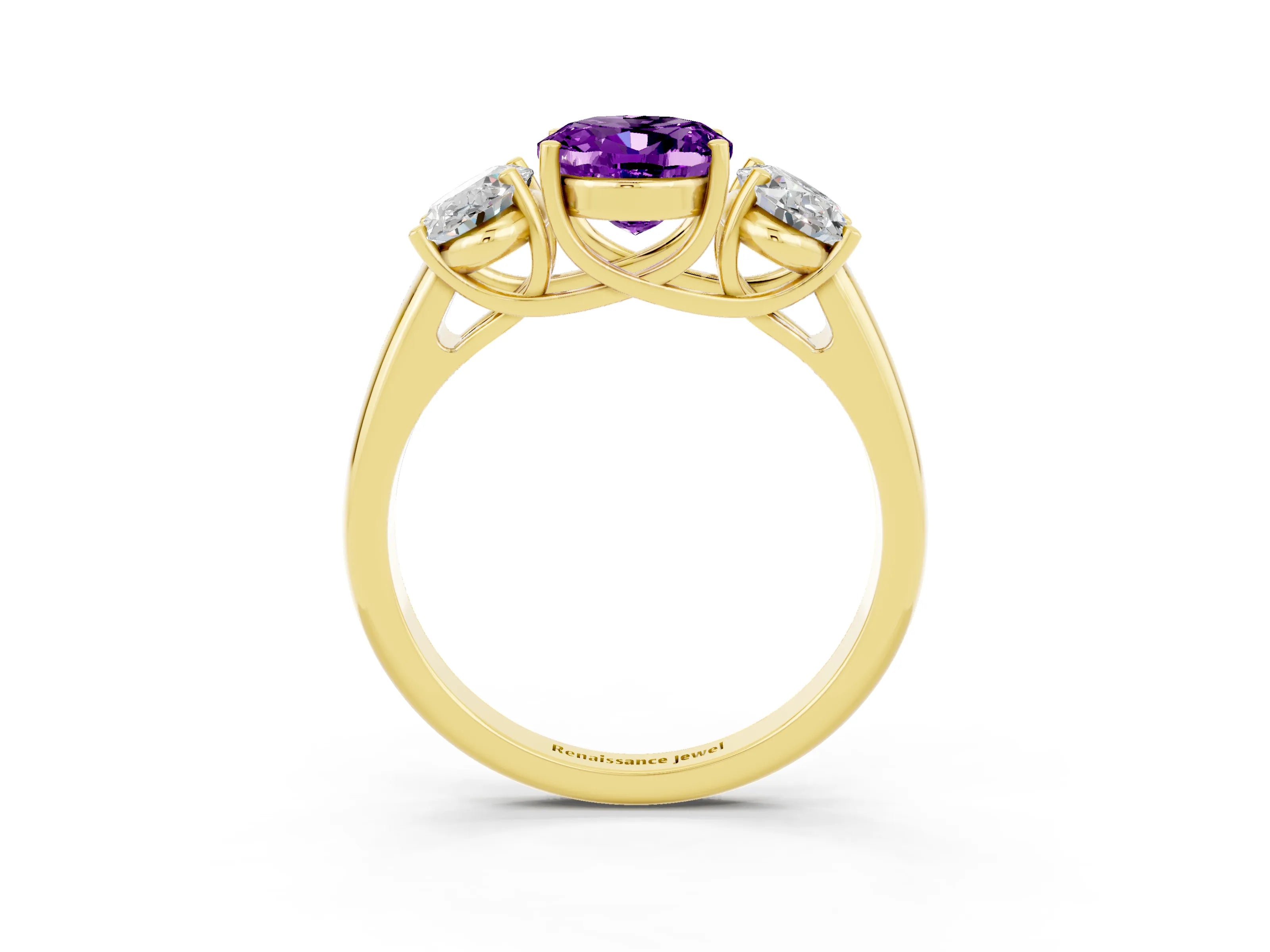 Yellow gold Three-Stone Oval Cut Amethyst Engagement Ring with Prong Setting_3