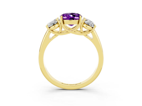 Yellow gold Three-Stone Oval Cut Amethyst Engagement Ring with Prong Setting