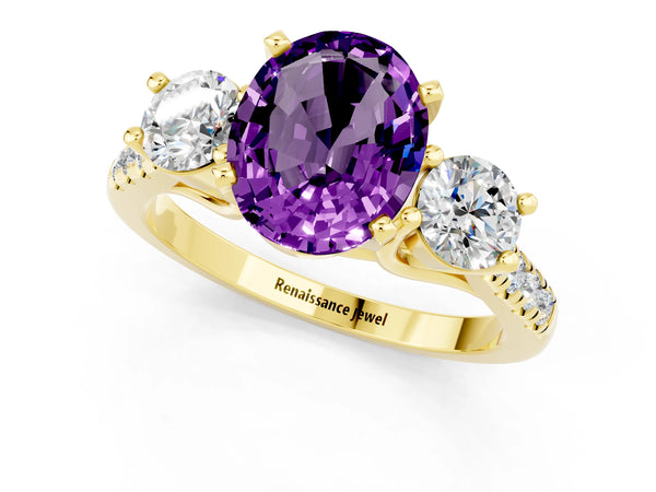 Yellow gold Three-Stone Oval Cut Amethyst Pavé Band with Four-Prong Setting