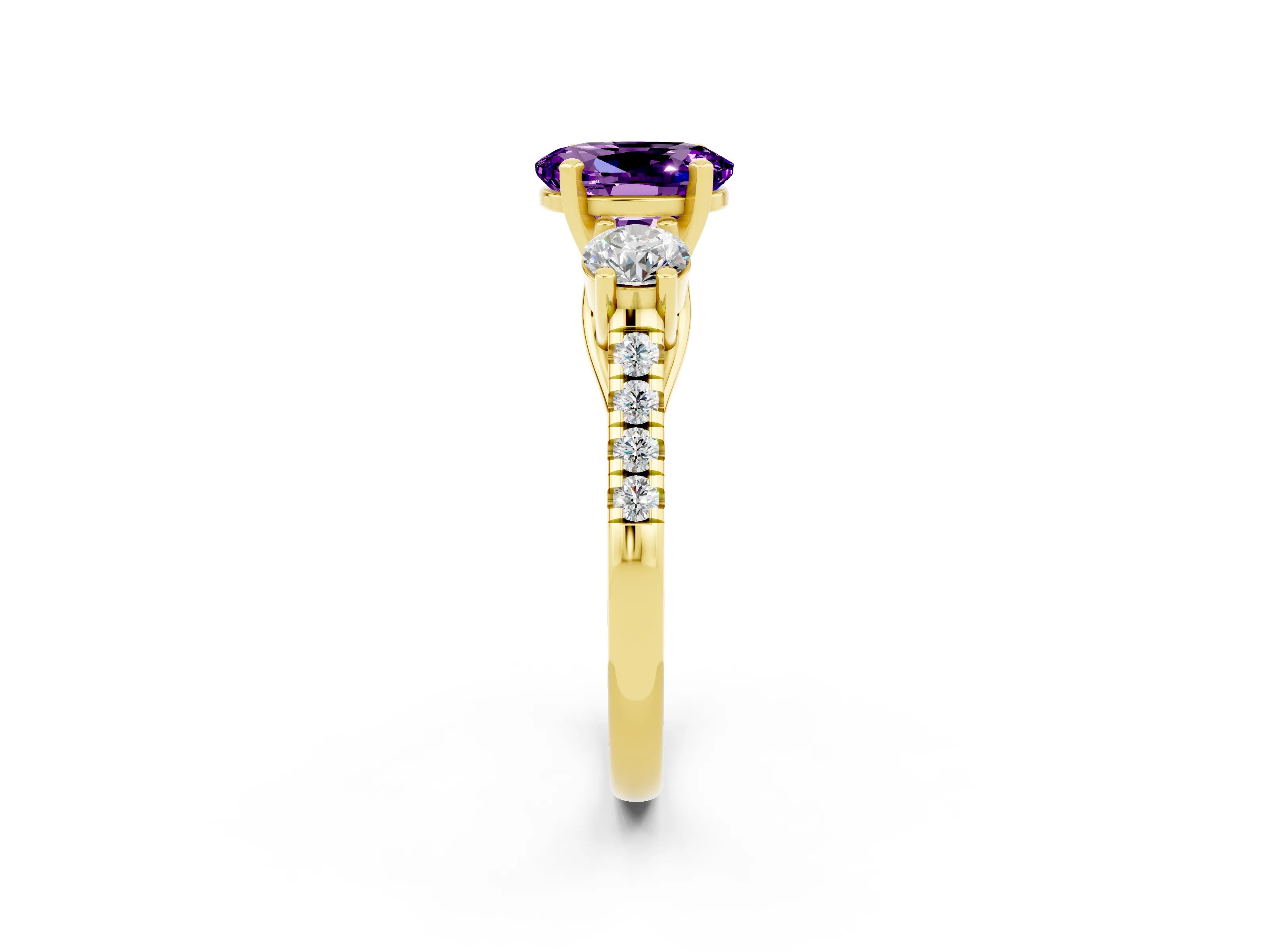 Yellow gold Three-Stone Oval Cut Amethyst Pavé Band with Four-Prong Setting_2