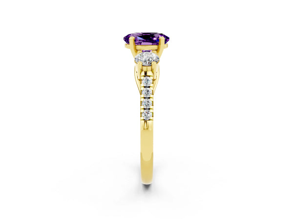 Yellow gold Three-Stone Oval Cut Amethyst Pavé Band with Four-Prong Setting