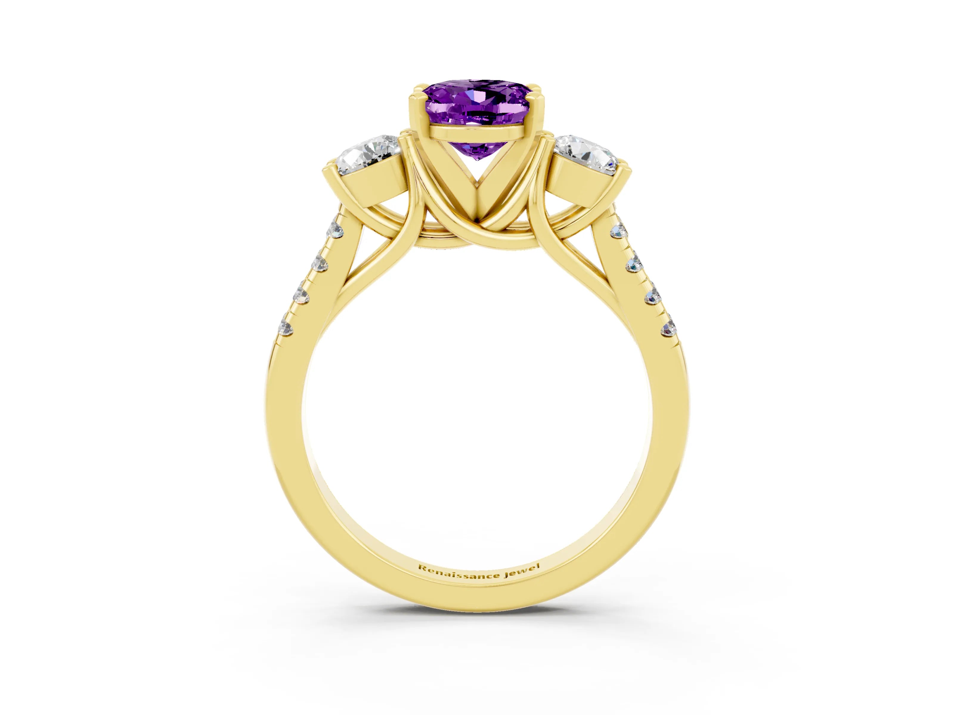 Yellow gold Three-Stone Oval Cut Amethyst Pavé Band with Four-Prong Setting_3