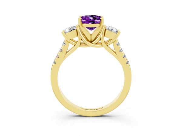 Yellow gold Three-Stone Oval Cut Amethyst Pavé Band with Four-Prong Setting