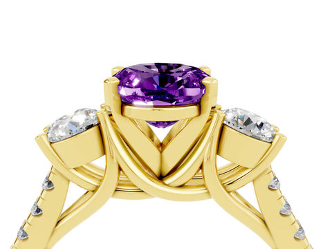 Yellow gold Three-Stone Oval Cut Amethyst Pavé Band with Four-Prong Setting_4