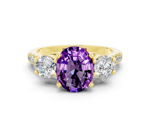 Yellow gold Three-Stone Oval Cut Amethyst Pavé Band with Four-Prong Setting