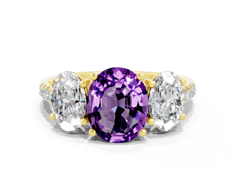 Yellow gold Three-Stone Oval Cut Amethyst Ring with Pavé Band and Prong Setting_12