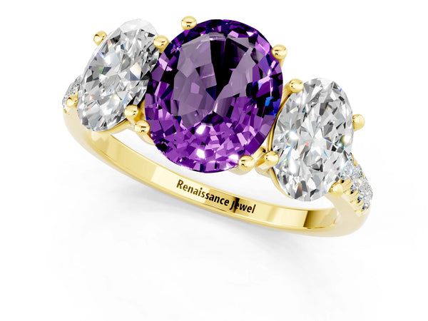 Yellow gold Three-Stone Oval Cut Amethyst Ring with Round  Pavé Band and Prong Setting