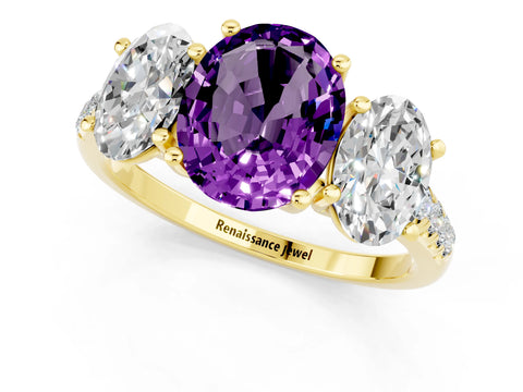 Yellow gold Three-Stone Oval Cut Amethyst Ring with Pavé Band and Prong Setting_13