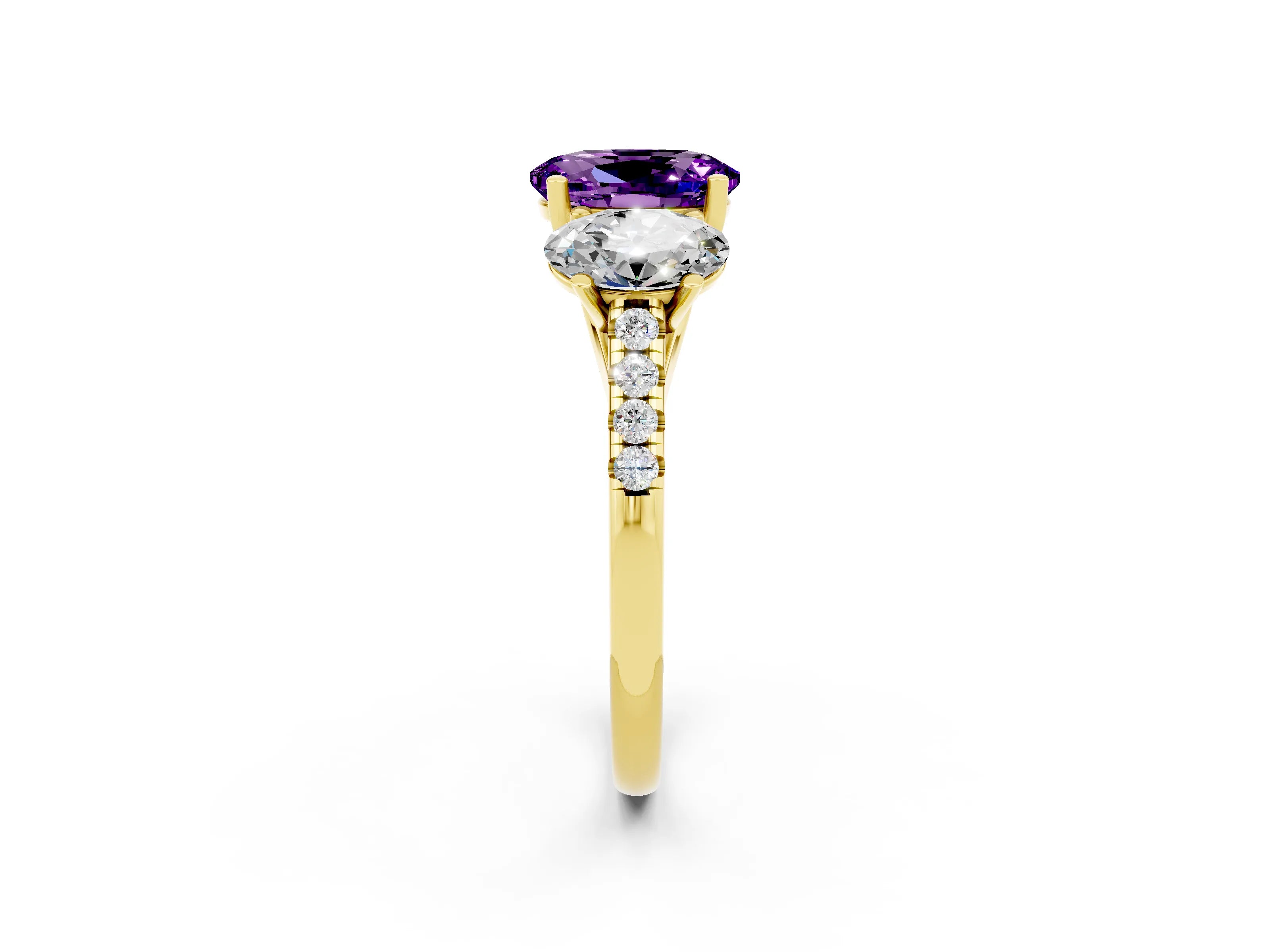 Yellow gold Three-Stone Oval Cut Amethyst Ring with Pavé Band and Prong Setting_14