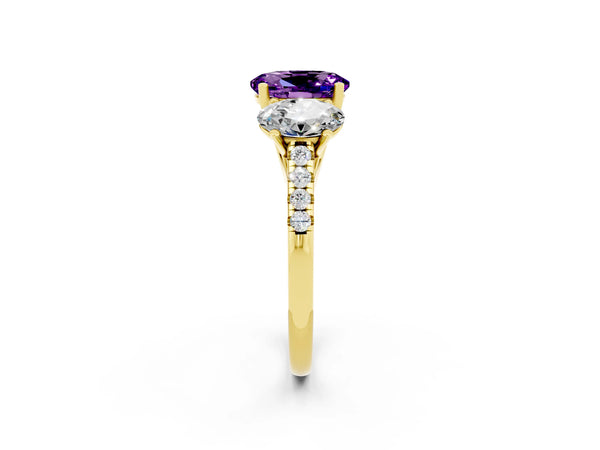 Yellow gold Three-Stone Oval Cut Amethyst Ring with Round  Pavé Band and Prong Setting
