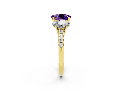 Yellow gold Three-Stone Oval Cut Amethyst Ring with Pavé Band and Prong Setting_14