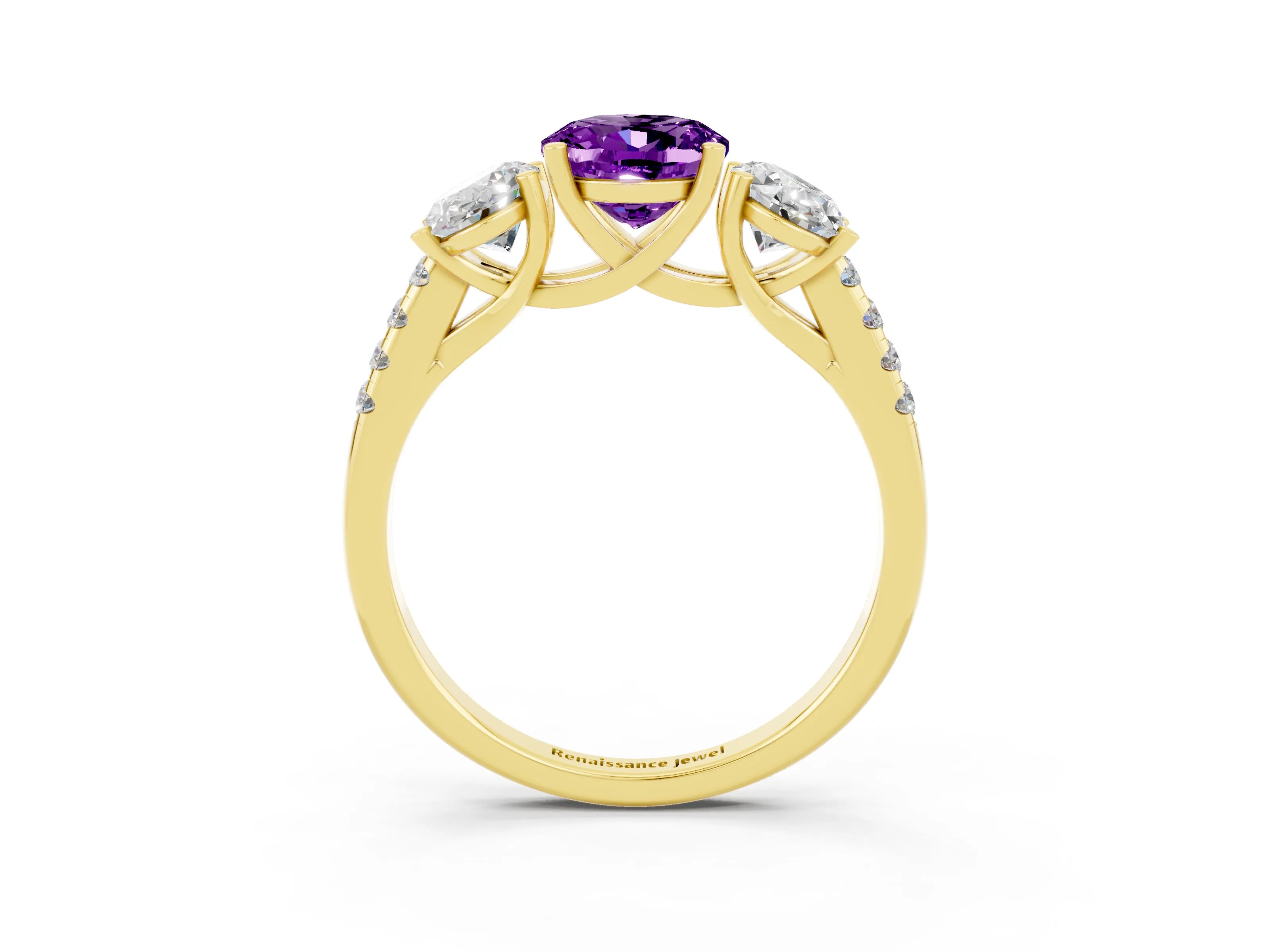 Yellow gold Three-Stone Oval Cut Amethyst Ring with Pavé Band and Prong Setting_15