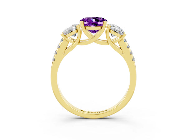 Yellow gold Three-Stone Oval Cut Amethyst Ring with Round  Pavé Band and Prong Setting