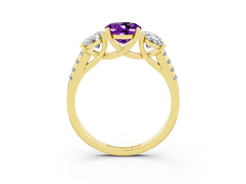 Yellow gold Three-Stone Oval Cut Amethyst Ring with Pavé Band and Prong Setting_15