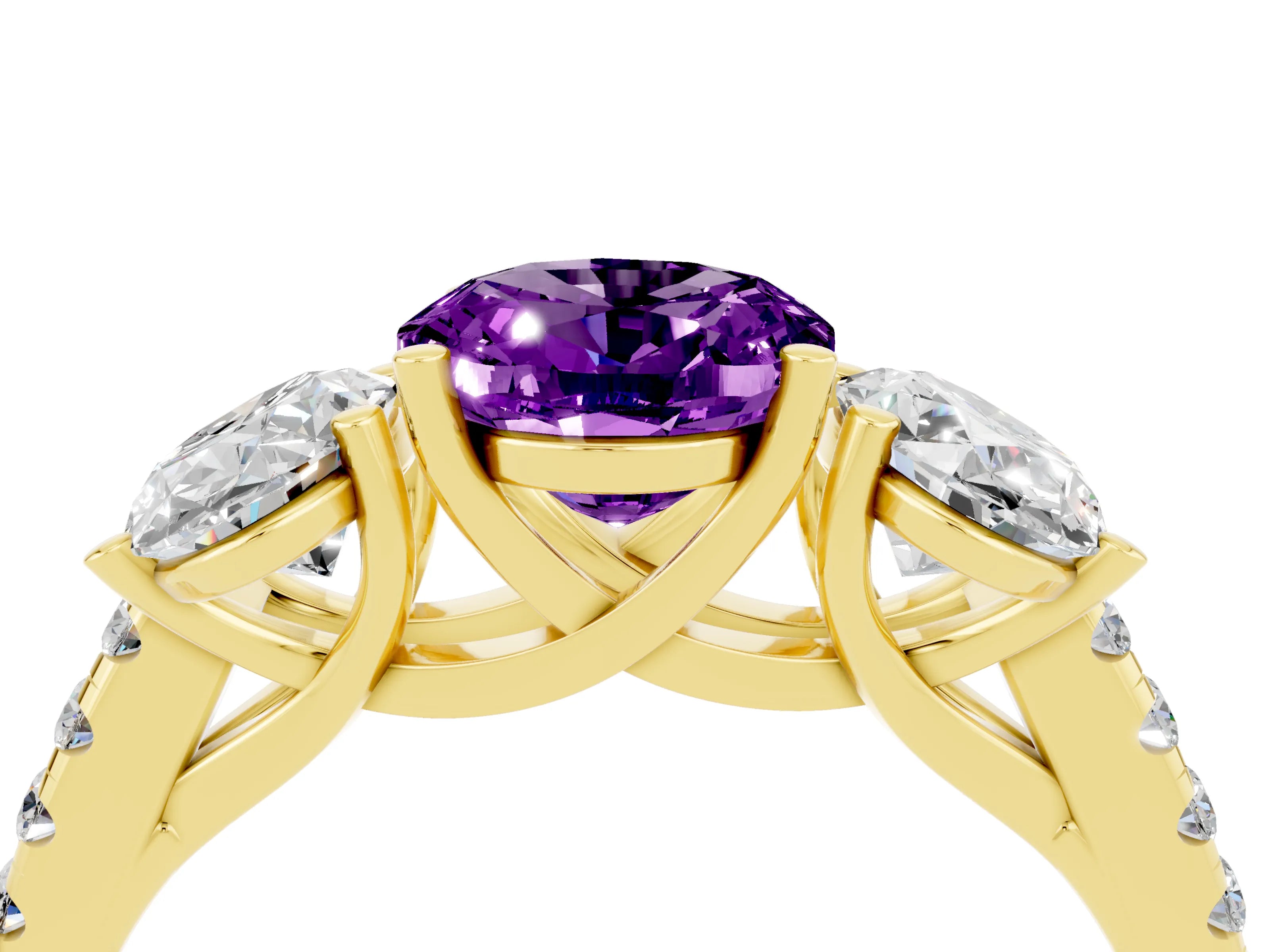 Yellow gold Three-Stone Oval Cut Amethyst Ring with Pavé Band and Prong Setting_16