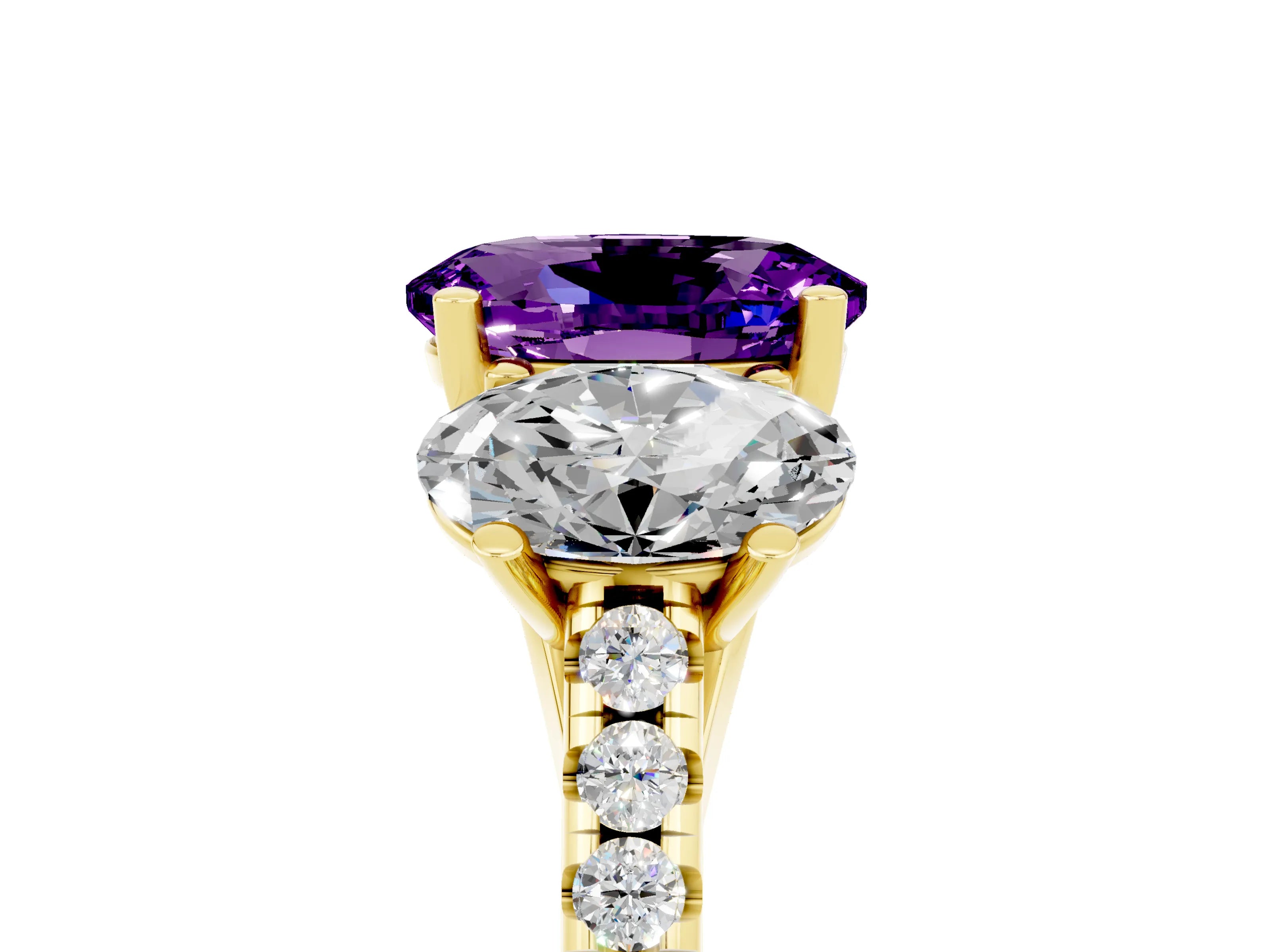 Yellow gold Three-Stone Oval Cut Amethyst Ring with Pavé Band and Prong Setting_17