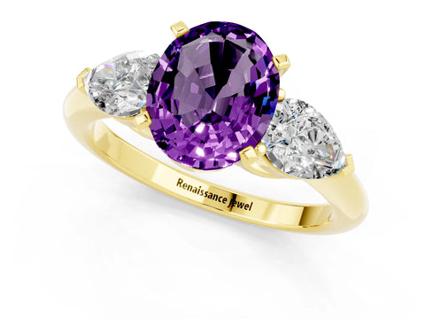 Yellow gold Three-Stone Oval Cut Amethyst Ring with Pear Side Stones and Four-Prong Setting_1
