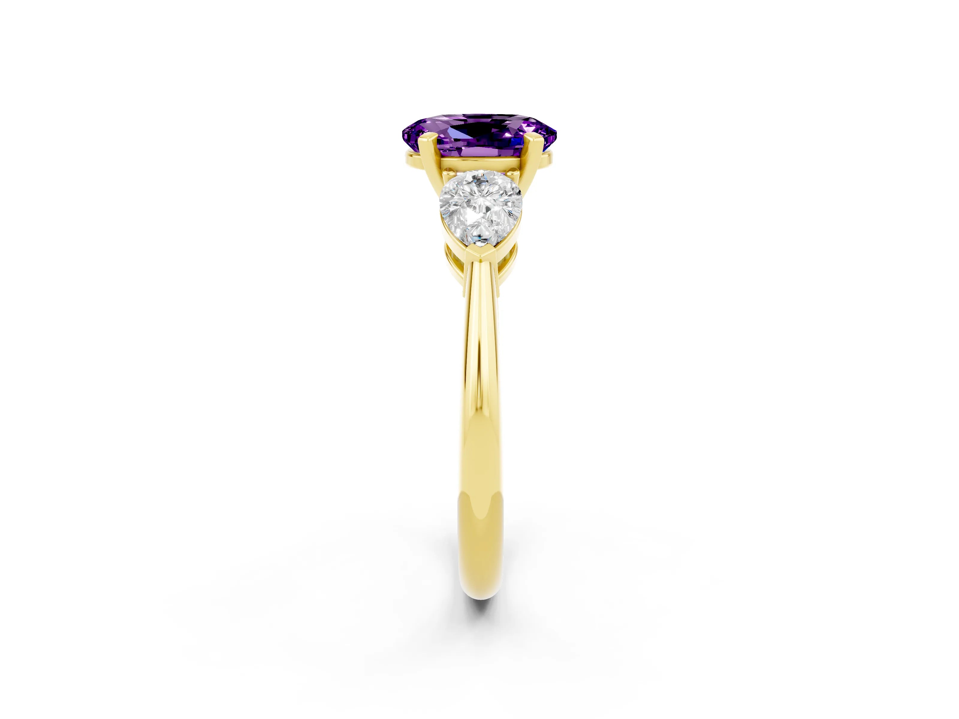 Yellow gold Three-Stone Oval Cut Amethyst Ring with Pear Side Stones and Four-Prong Setting_2