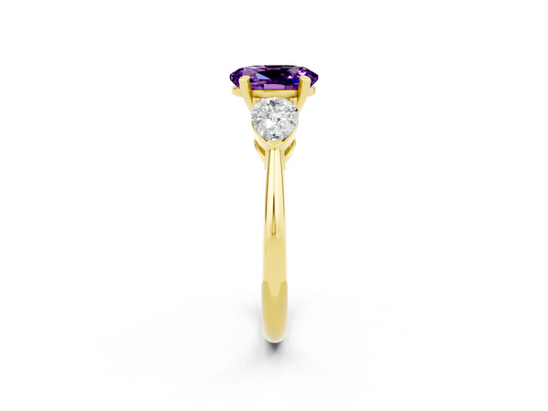 Yellow gold Three-Stone Oval Cut Amethyst Ring with Pear Side Stones and Four-Prong Setting