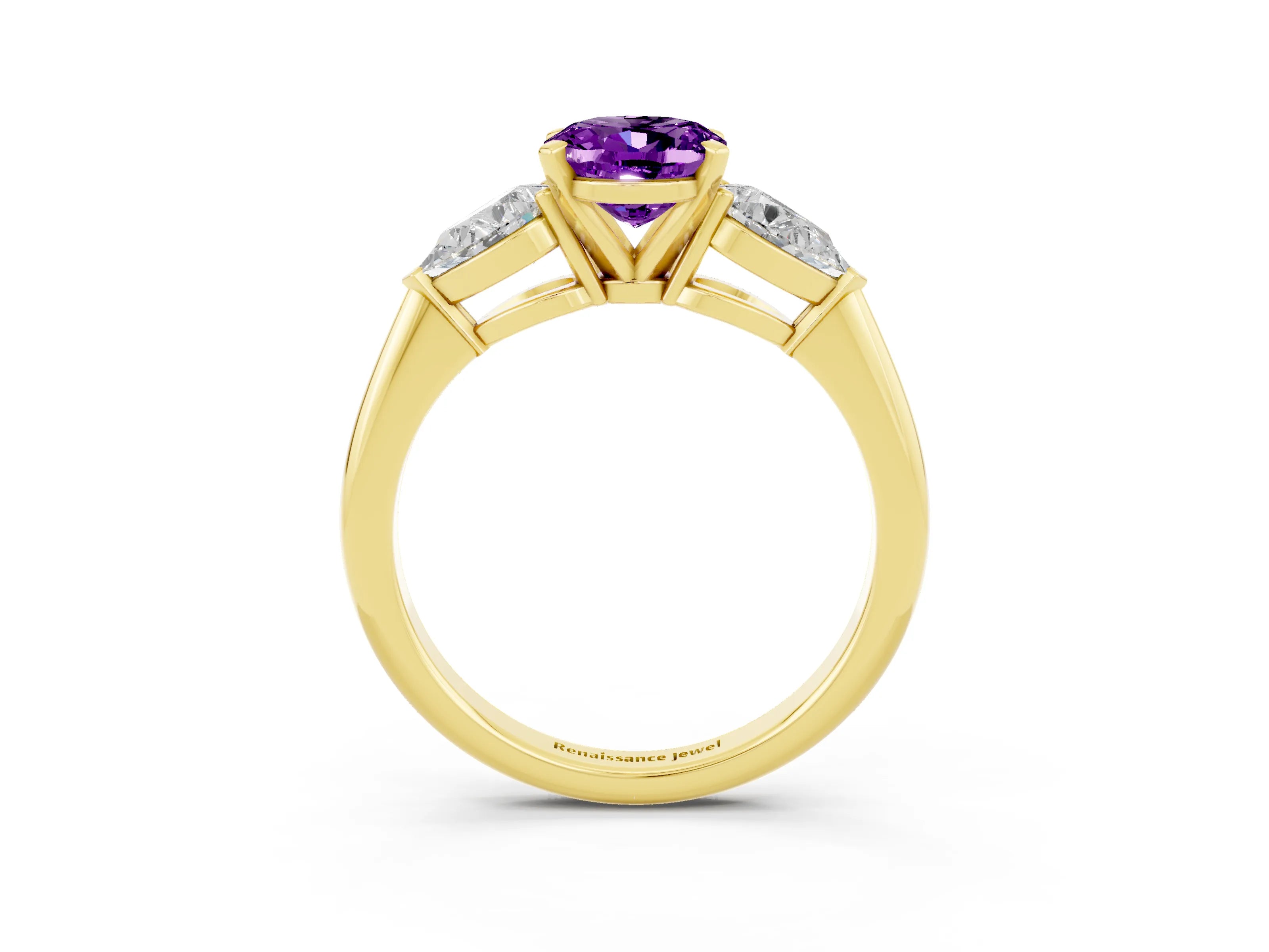 Yellow gold Three-Stone Oval Cut Amethyst Ring with Pear Side Stones and Four-Prong Setting_3