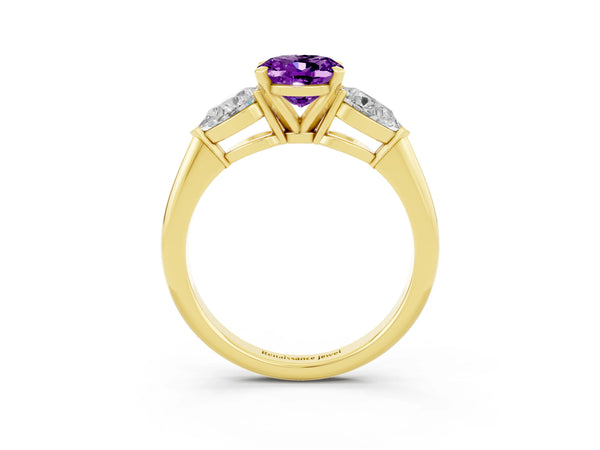 Yellow gold Three-Stone Oval Cut Amethyst Ring with Pear Side Stones and Four-Prong Setting