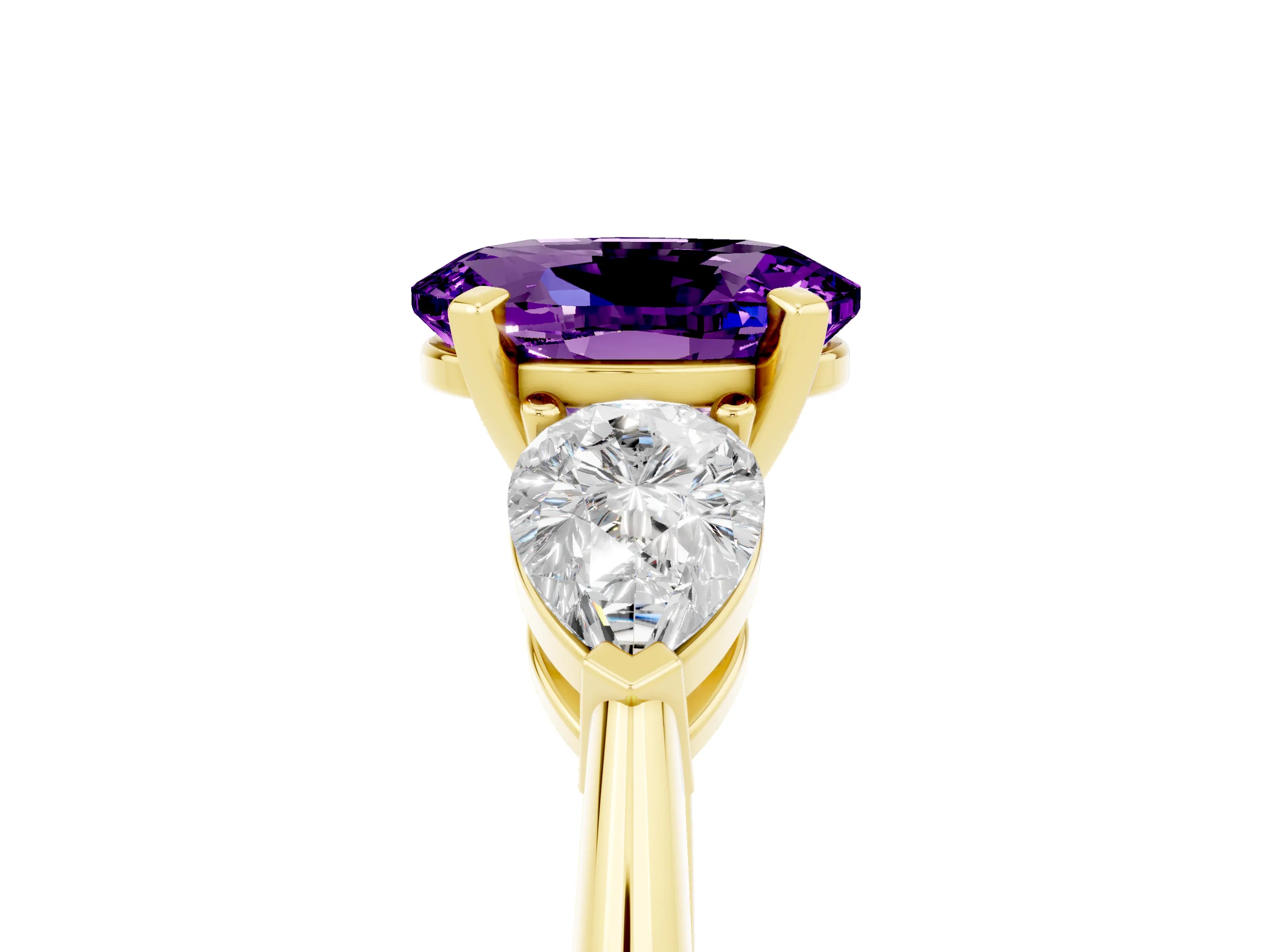 Yellow gold Three-Stone Oval Cut Amethyst Ring with Pear Side Stones and Four-Prong Setting_5