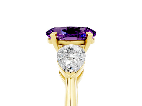 Yellow gold Three-Stone Oval Cut Amethyst Ring with Pear Side Stones and Four-Prong Setting_5