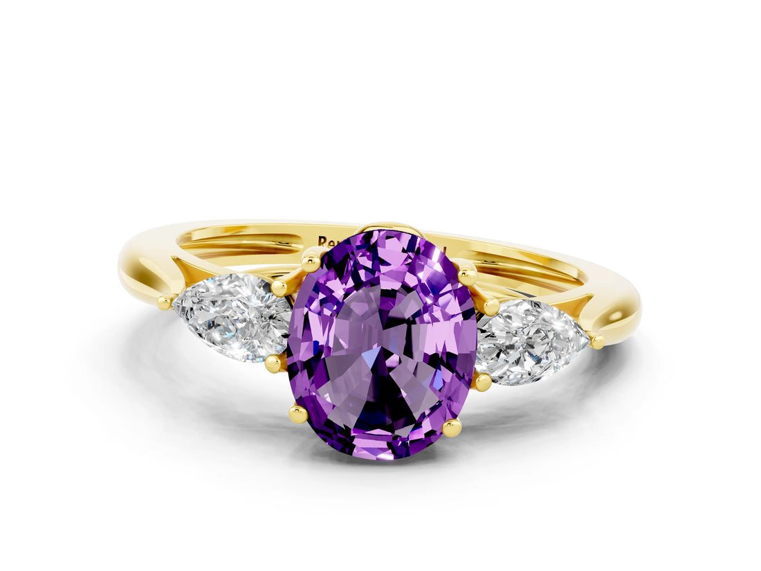 Yellow gold Three-Stone Oval Cut Amethyst Ring with Pear  Side Stones in Four-Prong Setting_12