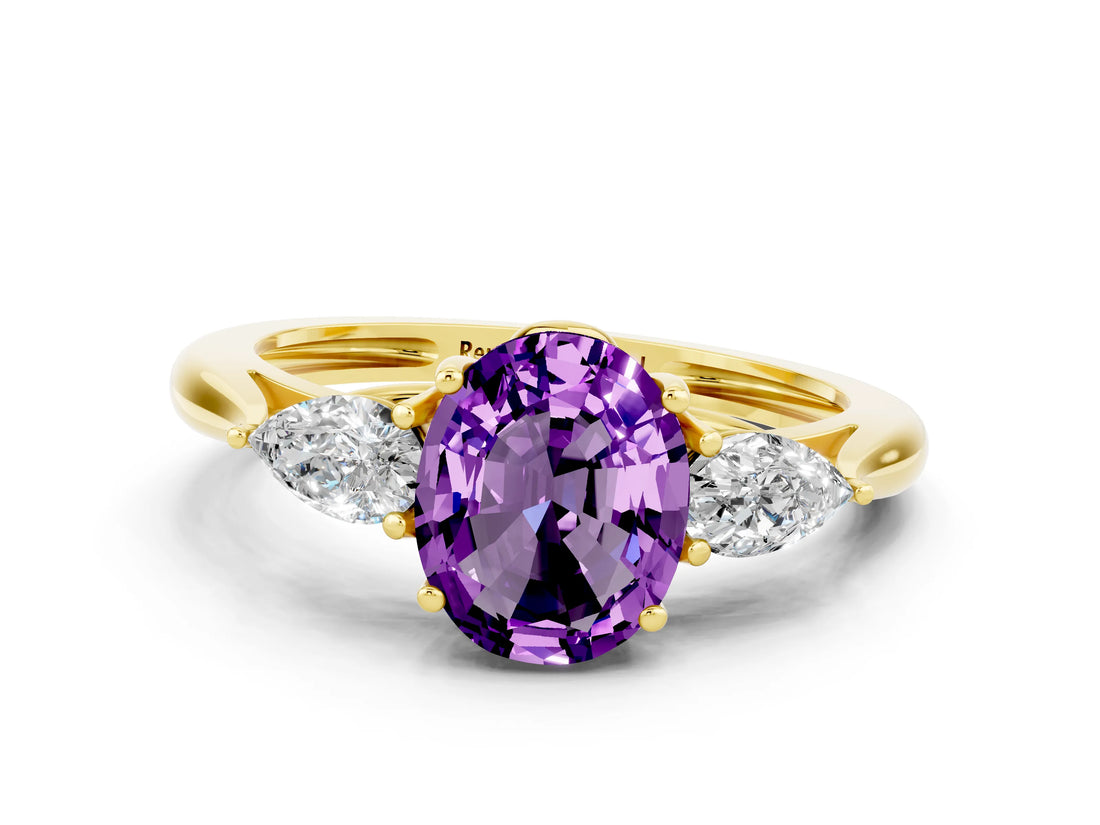 Yellow gold Three-Stone Oval Cut Amethyst Ring with Pear  Side Stones in Four-Prong Setting_36