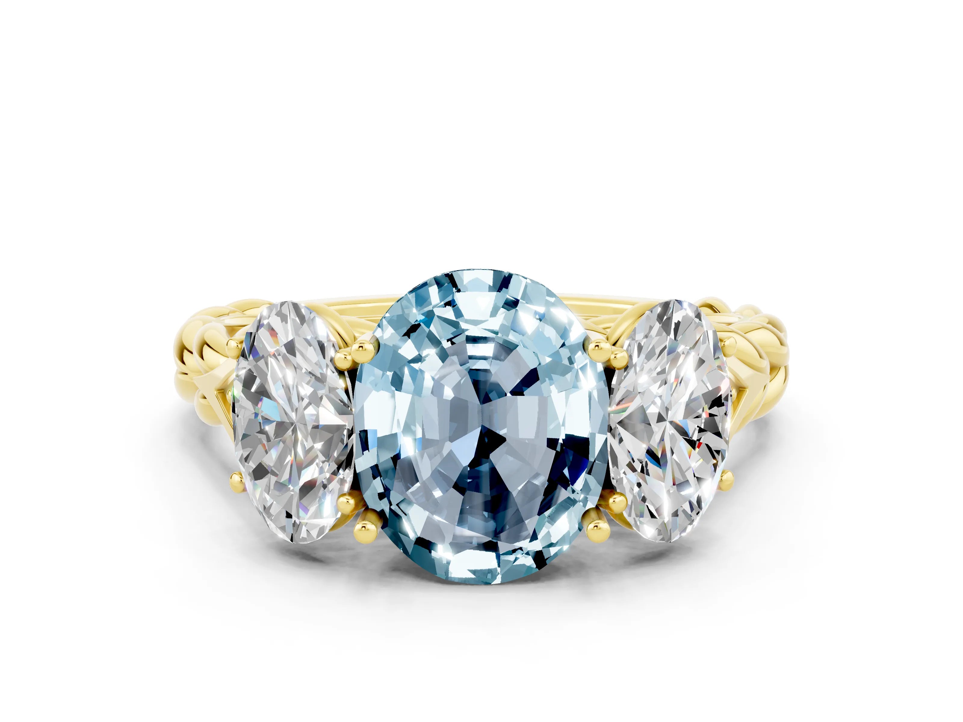 Yellow gold Three-Stone Oval Cut Aquamarine Braided Band Ring with Four-Prong Setting_12