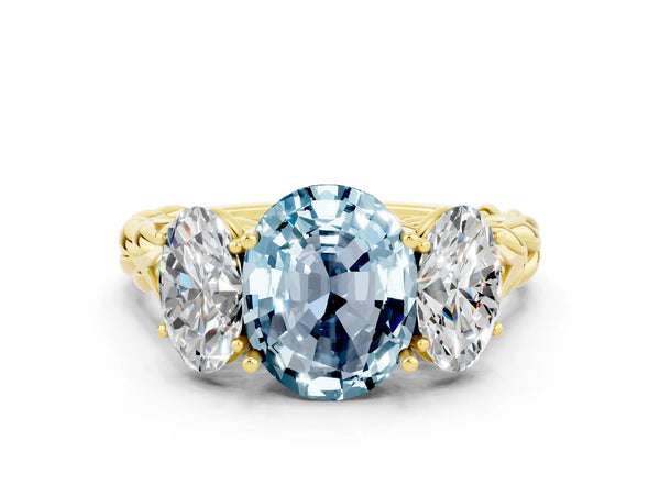 Yellow gold Three-Stone Oval Cut Aquamarine Braided Band Ring with Four-Prong Setting