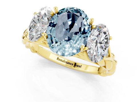 Yellow gold Three-Stone Oval Cut Aquamarine Braided Band Ring with Four-Prong Setting_13