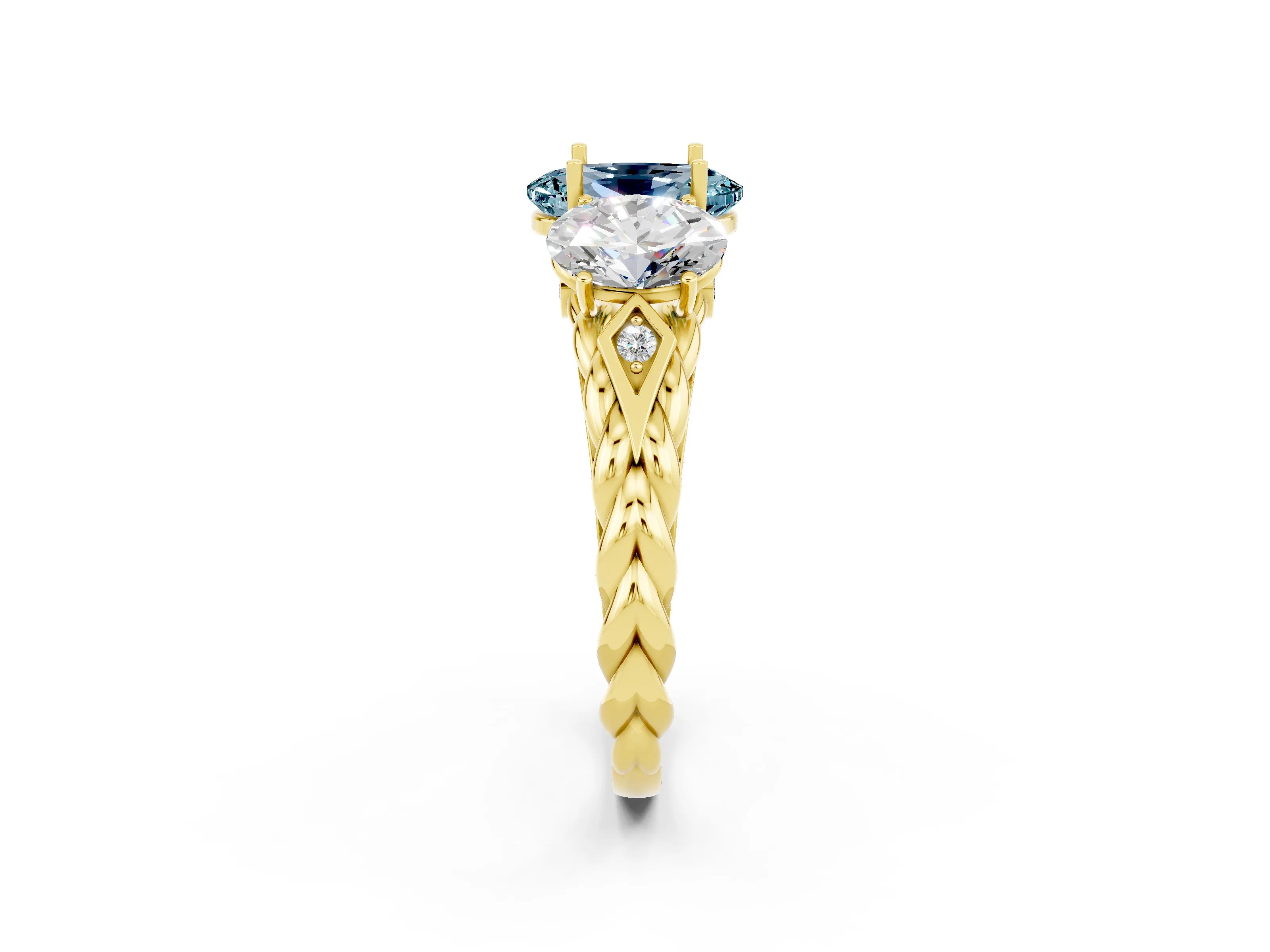 Yellow gold Three-Stone Oval Cut Aquamarine Braided Band Ring with Four-Prong Setting_14