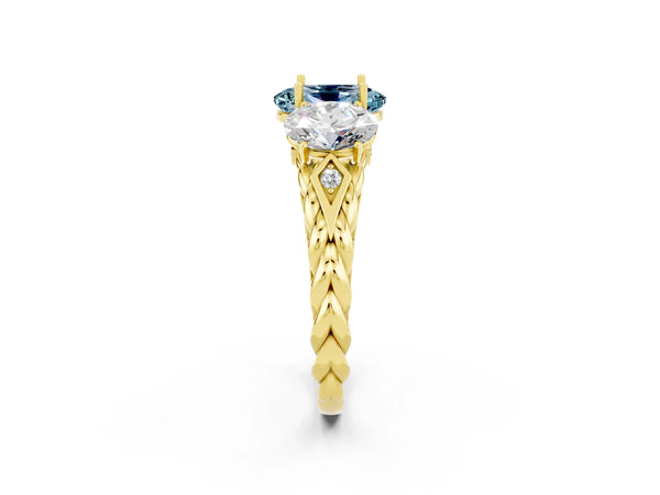 Yellow gold Three-Stone Oval Cut Aquamarine Braided Band Ring with Four-Prong Setting