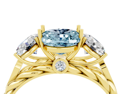 Yellow gold Three-Stone Oval Cut Aquamarine Braided Band Ring with Four-Prong Setting_16