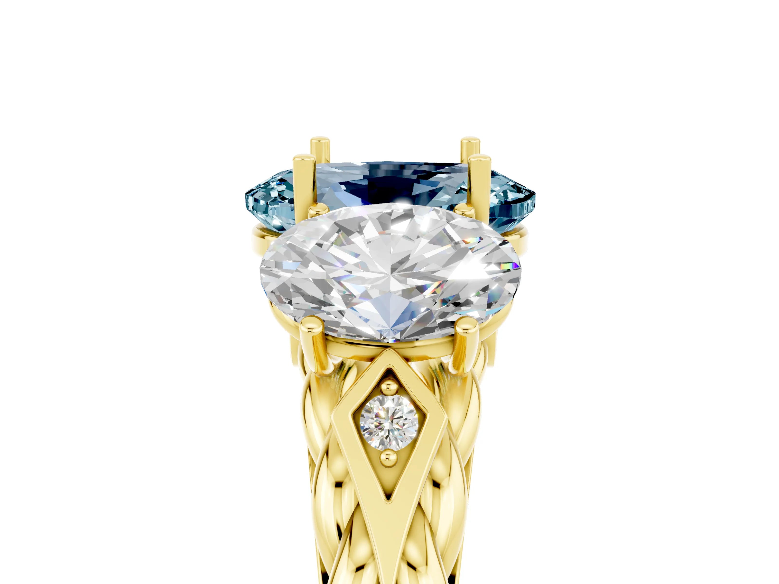 Yellow gold Three-Stone Oval Cut Aquamarine Braided Band Ring with Four-Prong Setting_17