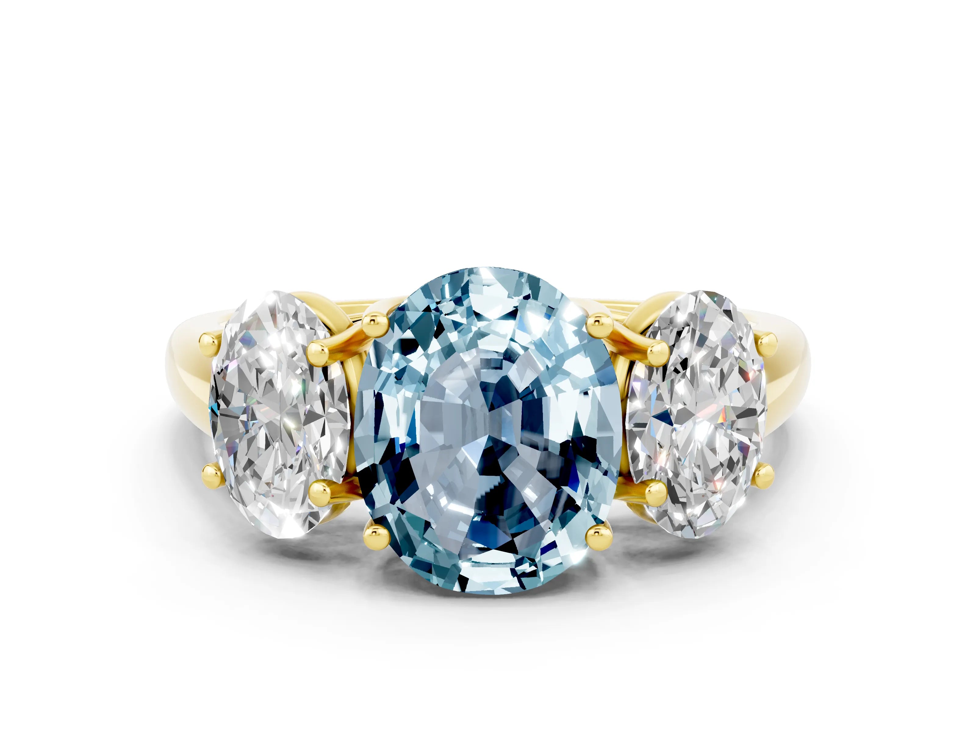 Yellow gold Three-Stone Oval Cut Aquamarine Engagement Ring with Prong Setting
