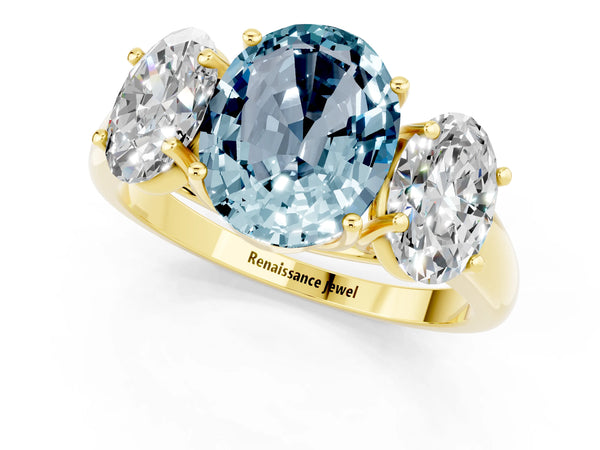 Yellow gold Three-Stone Oval Cut Aquamarine Engagement Ring with Prong Setting