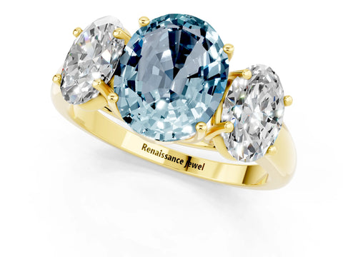Yellow gold Three-Stone Oval Cut Aquamarine Engagement Ring with Prong Setting_1